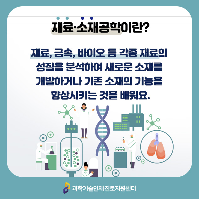 재료·소재공학이란? 재료, 금속, 바이오 등 각종 재료의 성질을 분석하여 새로운 소재를 개발하거나 기존 소재의 기능을 향상시키는 것을 배워요./과학기술인재 진로지원센터