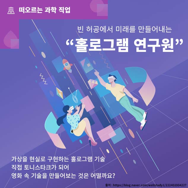 떠오르는 과학 직업/빈 허공에서 미래를 만들어내는 '홀로그램 연구원'/가상을 현실로 구현하는 홀로그램 기술 직접 토니스타크가 되어 영화 속 시술을 만들어보는 것은 어떨까요? /출처:https://blog.naver.com/wellstudy1/222402004227