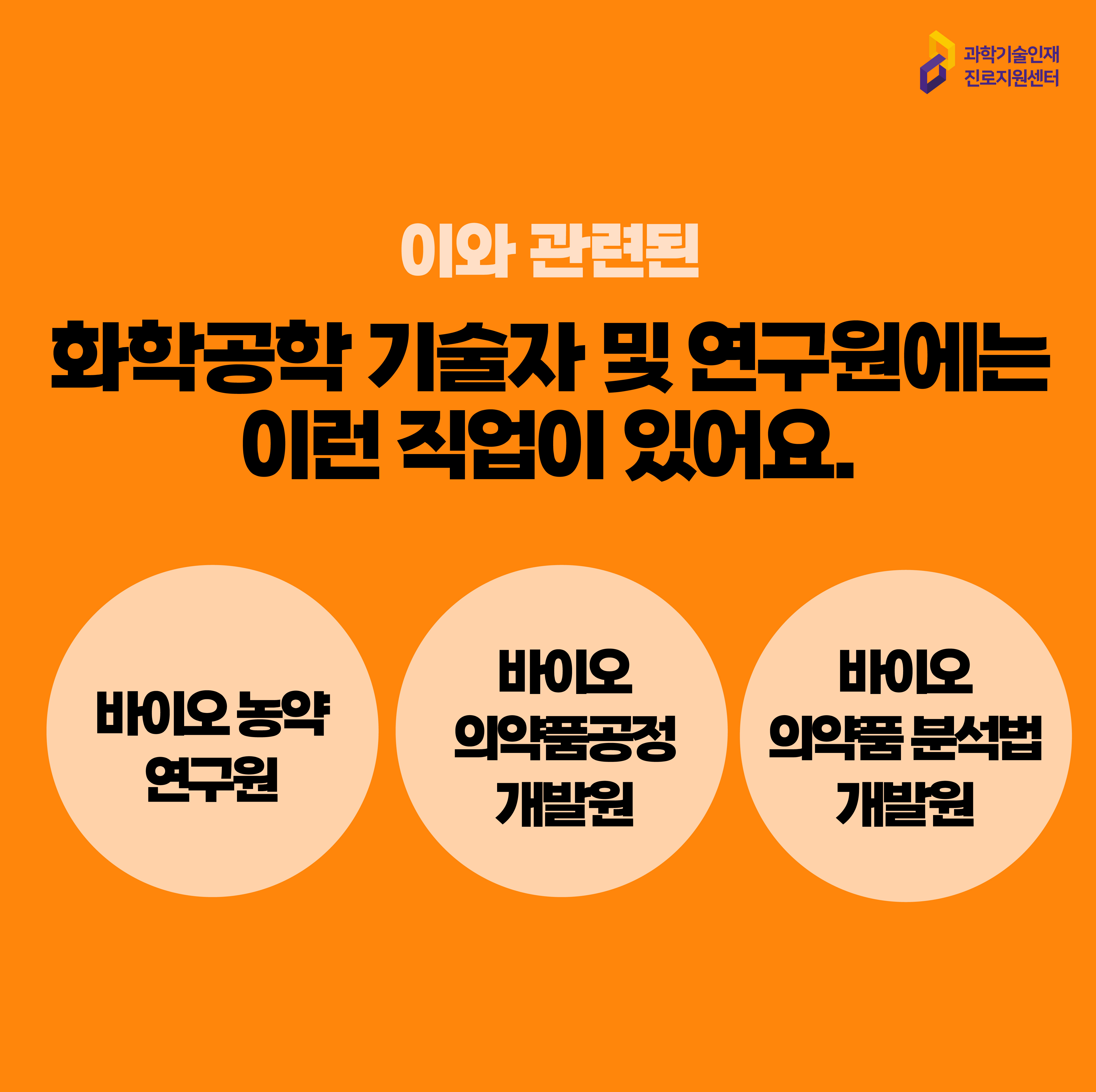  과학기술인재진로지원센터 이와 관련된 화학공학 기술자 및 연구원에는 이런 직업이 있어요. 바이오 농약 연구원 바이오 의약품공정 개발원 바이오 의약품 분석법 개발원