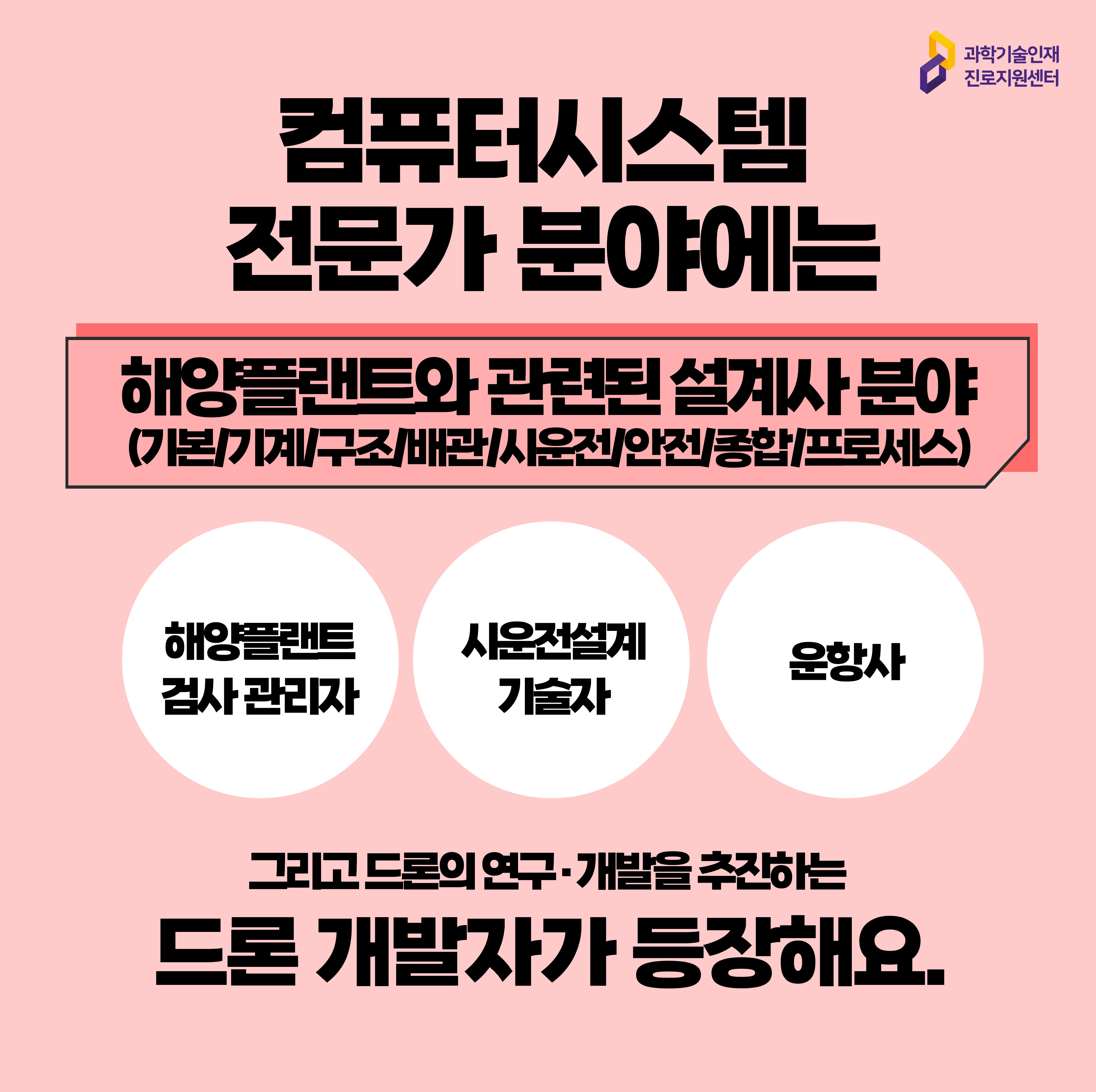  과학기술인재진로지원센터 컴퓨터시스템 전문가 분야에는 해양플랜트와 관련되 설계사 분야 (기본/기계/구조/배관/시운전/안전/종합/프로세스) 해양플랜트 검사 관리자 시운전설계 기술자 운항사 그리고 드론의 연구, 개발을 추친하는 드론 개발자가 등장해요.