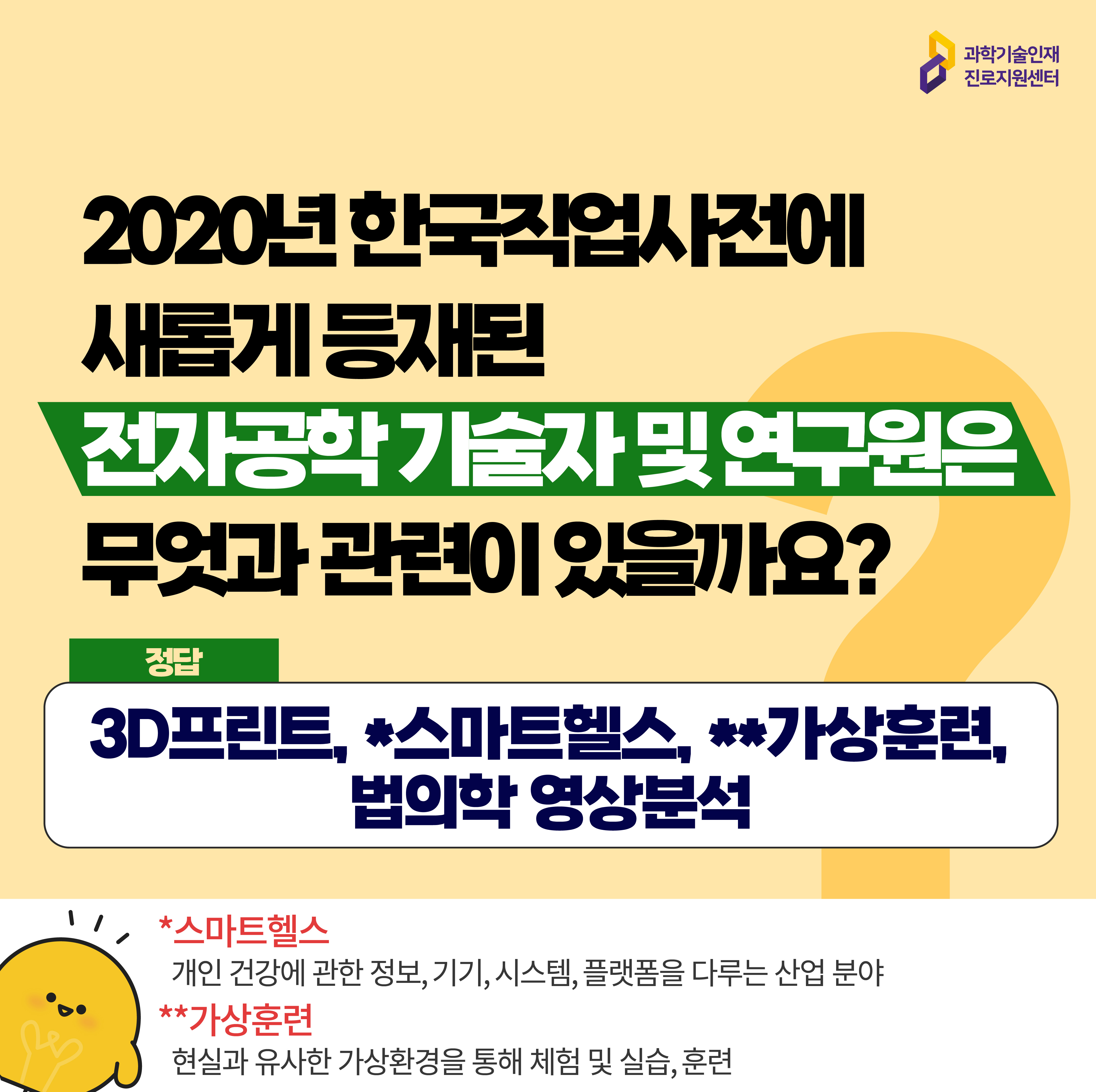  과학기술인재진로지원센터 2020년 한국직업사전에 새롭게 등재된 전자공학 기술자 및 연구원은 무엇과 관련이 있을까요? 정답 3D프린트, *스마트헬스, **가상훈련, 법의학 영상분석 * 스마트헬스 개인 건강에 관한 정보, 기기, 시스템, 플랫폼을 다루는 산업 분야 ** 가상훈련 현실과 유사한 가상환경을 통해 체험 및 실습, 훈련