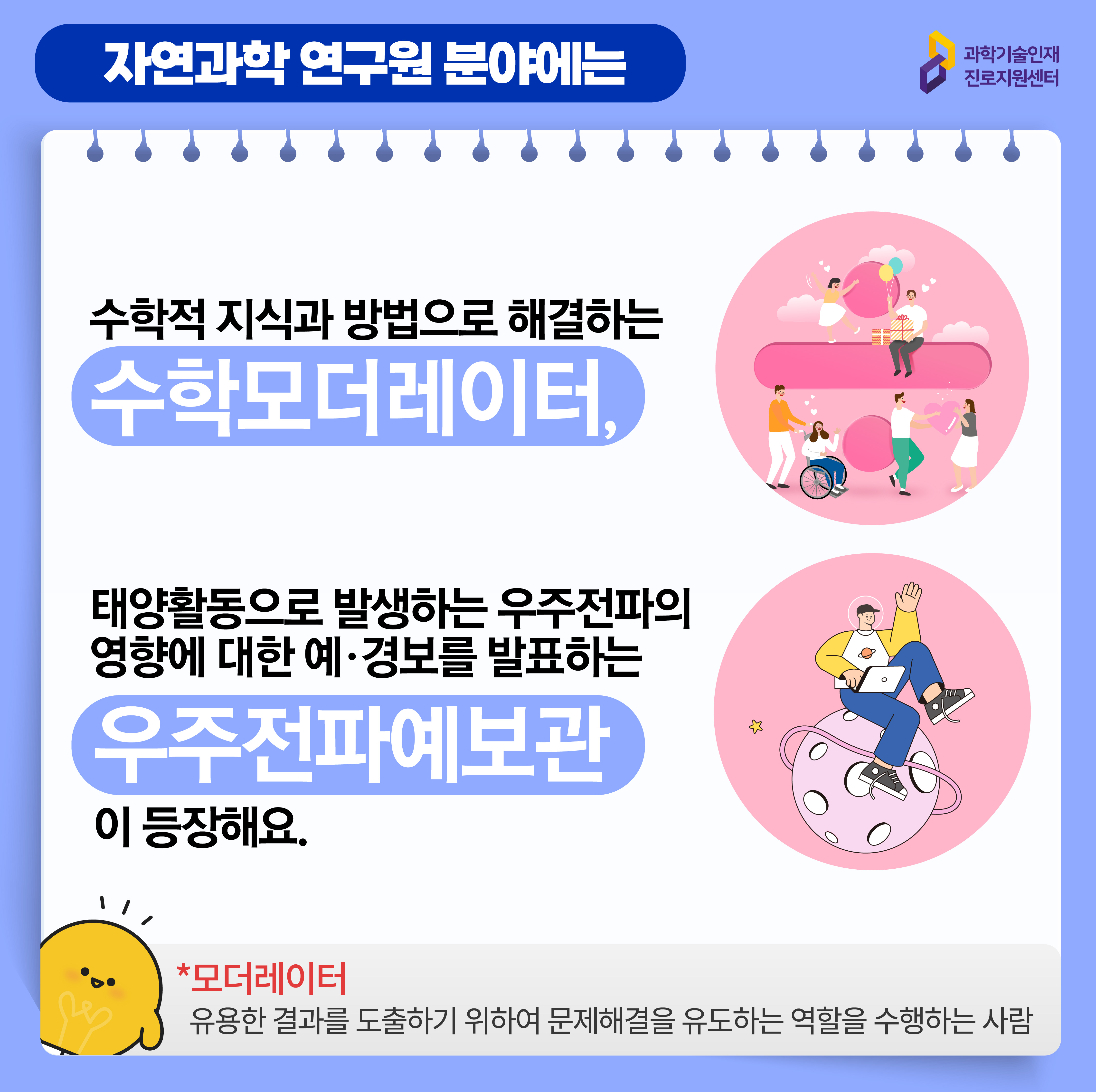 과학기술인재진로지원센터 자연과학 연구원 분야에는 수학적 지식과 방법으로 해결하는 수학모더레이터, 태양활동으로 발생하는 우주전파의 영향에 대한 예, 경보를 발표하는 우주전파예보관이 등장해요. *모더레이터 유용한 결과를 도출하기 위하여 문제해결을 유도하는 역할을 수행하는 사람 