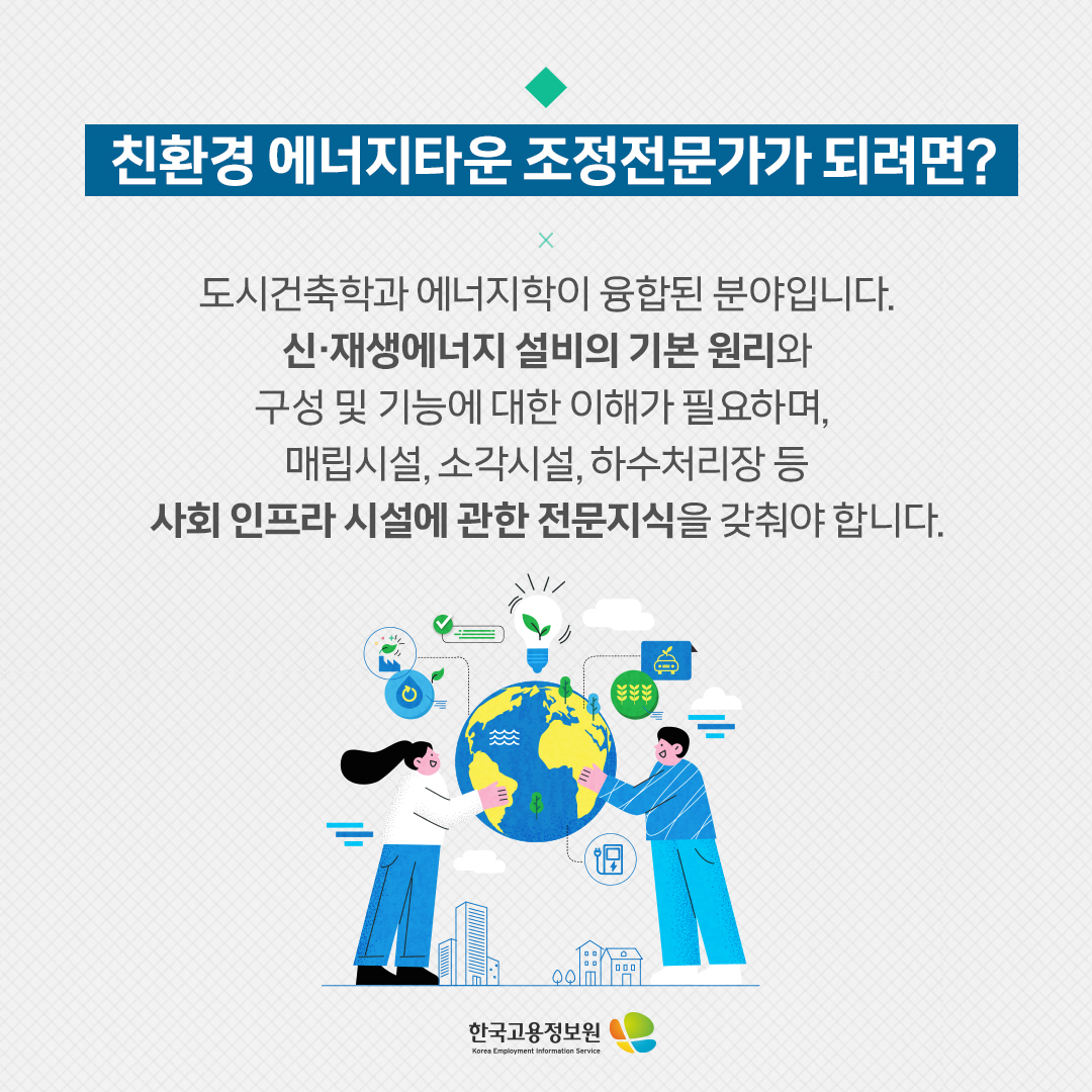 친환경 에너지타운 조성전문가기 되려면? 도시건축학과 에너지학이 융합된 분야입니다. 신·재생에너지 설비의 기본 원리와 구성 및 기능에 대한 이해가 필요하며, 매립시설, 소각시설, 하수처리장 등 사회 인프라 시설에 관한 전문지식을 갖춰야 합니다.