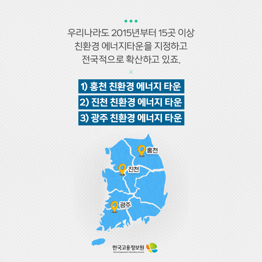우리나라도 2015년부터 15곳 이상 친환경 에너지타운을 지정하고 전국적으로 확산하고 있죠. 1) 홍천 친환경 에너지타운 2) 진천 친환경 에너지타운 3) 광주 친환경 에너지타운